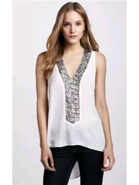 SW3 Bespoke Medium White Silver Sequin Front Tank V Neck Hi Lo Top
